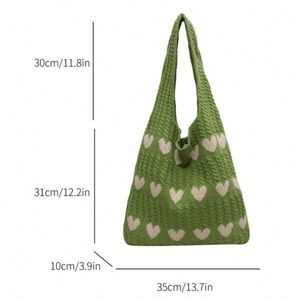 Green Cable Knit Tote Bag Purse w White Heart Design OS New